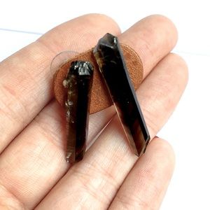 Handmade Smoky Quartz Rock Crystal Gemstone Long Black Stud Earrings Studs